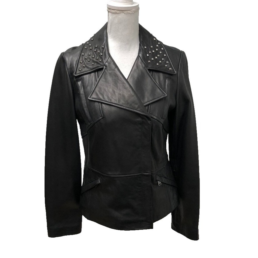 Via Spige Leather Moto Jacket Womens Small Black Studded Rocker Grunge Goth